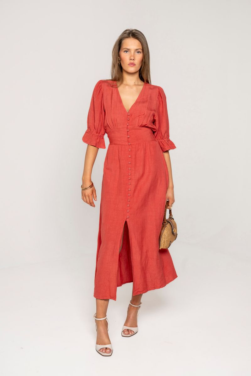 FORHÅNDSBESTILLING MISSMAYA Andrea Dress Candid Apple Linen